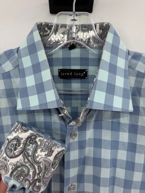 Jared Lang Men's 100% Cotton Two Tone Blue Plaid Button Down Shirt - Blue - L